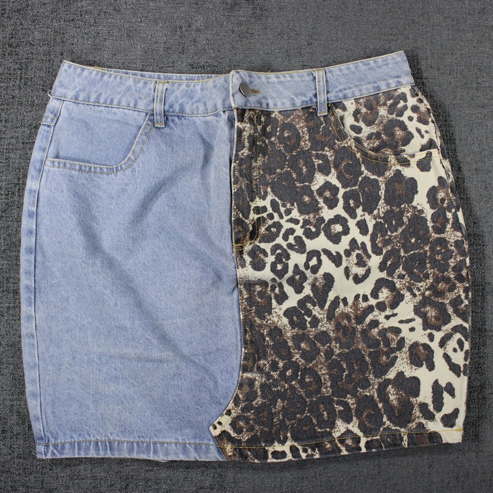 Miss Sparkling Womens Denim Mini Skirt Leopard Print Colorblock Light Wash Large
